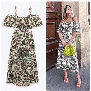 Zara Off-Shoulder Botanical Midi Dress in Green and Cream
